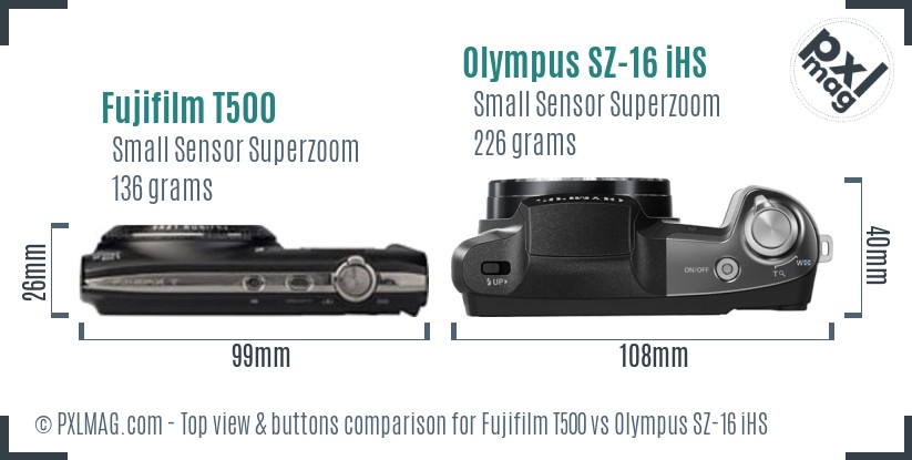 Fujifilm T500 vs Olympus SZ-16 iHS top view buttons comparison
