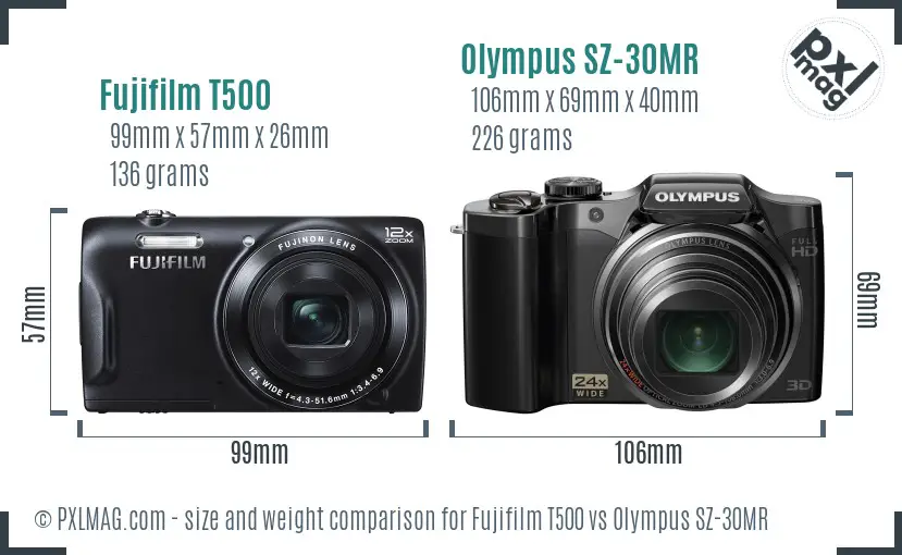 Fujifilm T500 vs Olympus SZ-30MR size comparison