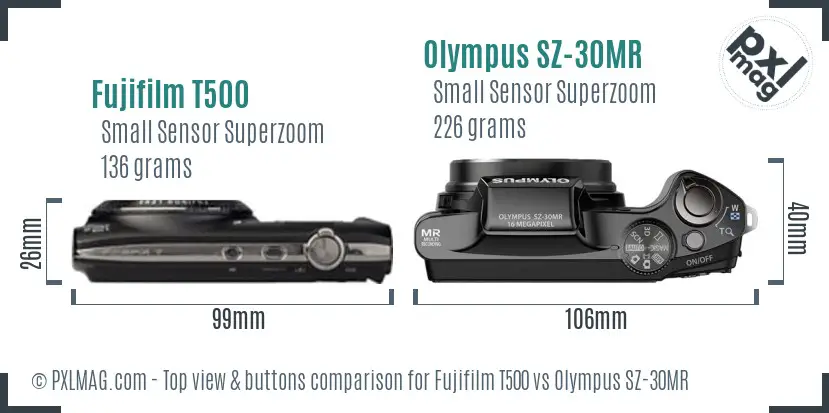 Fujifilm T500 vs Olympus SZ-30MR top view buttons comparison