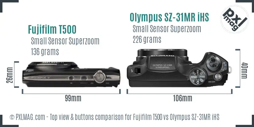 Fujifilm T500 vs Olympus SZ-31MR iHS top view buttons comparison