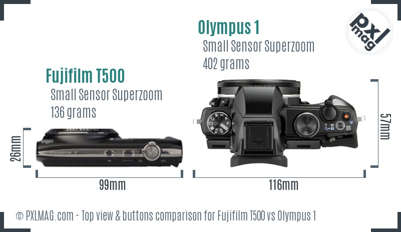 Fujifilm T500 vs Olympus 1 top view buttons comparison