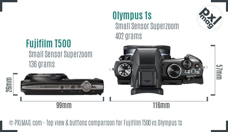 Fujifilm T500 vs Olympus 1s top view buttons comparison Fujifilm T500 vs Olympus 1s top view buttons comparison
