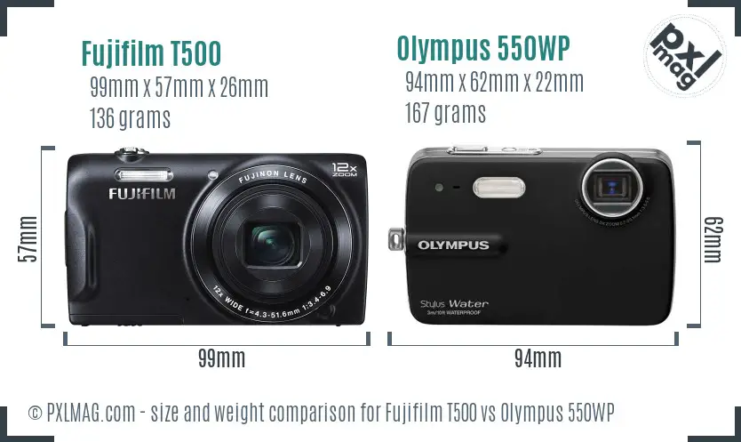 Fujifilm T500 vs Olympus 550WP size comparison