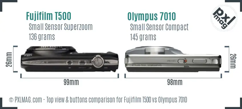 Fujifilm T500 vs Olympus 7010 top view buttons comparison