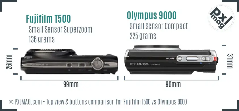 Fujifilm T500 vs Olympus 9000 top view buttons comparison