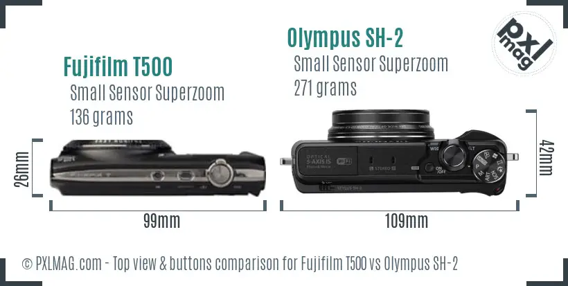 Fujifilm T500 vs Olympus SH-2 top view buttons comparison