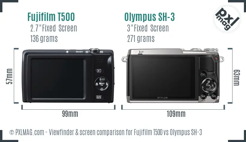 Fujifilm T500 vs Olympus SH-3 Screen and Viewfinder comparison
