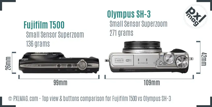 Fujifilm T500 vs Olympus SH-3 top view buttons comparison
