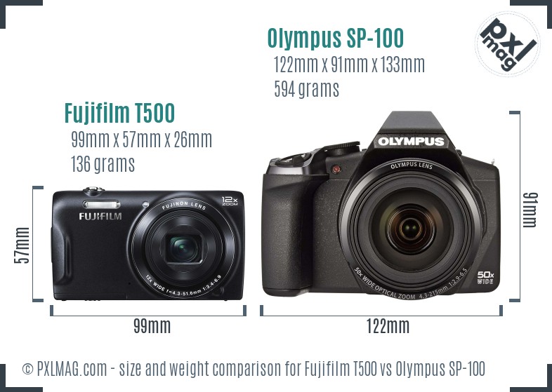 Fujifilm T500 vs Olympus SP-100 size comparison Fujifilm T500 vs Olympus SP-100 size comparison