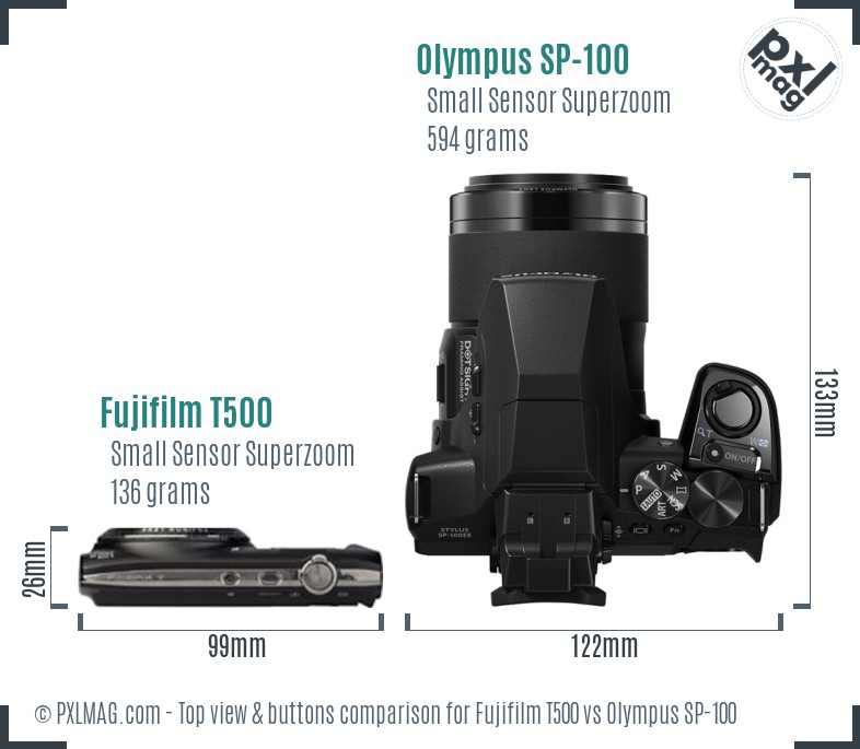 Fujifilm T500 vs Olympus SP-100 top view buttons comparison