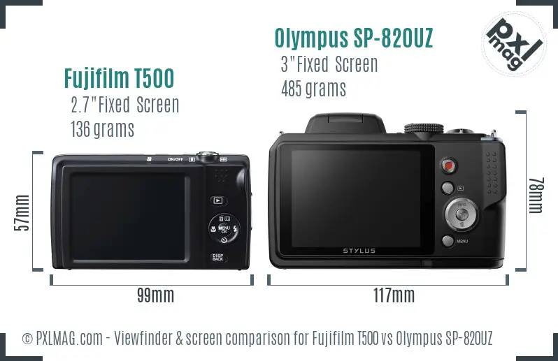 Fujifilm T500 vs Olympus SP-820UZ Screen and Viewfinder comparison