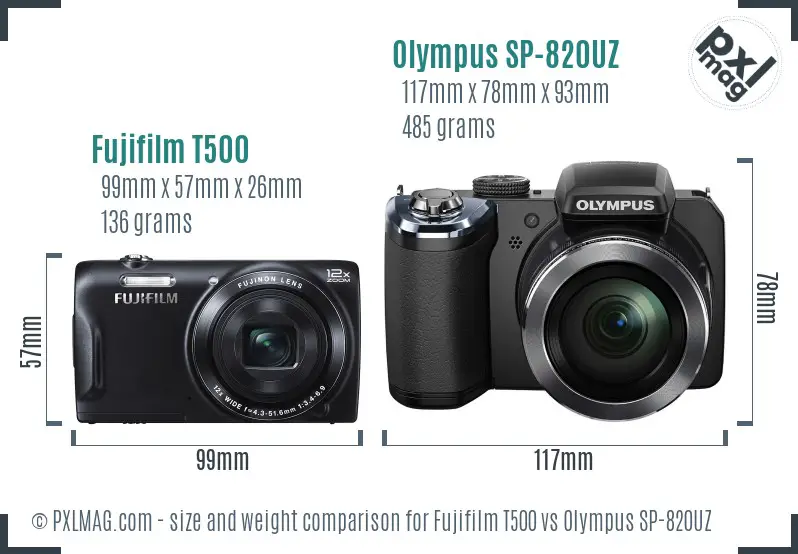 Fujifilm T500 vs Olympus SP-820UZ size comparison