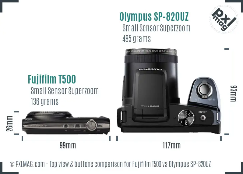 Fujifilm T500 vs Olympus SP-820UZ top view buttons comparison