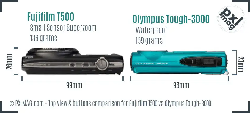 Fujifilm T500 vs Olympus Tough-3000 top view buttons comparison