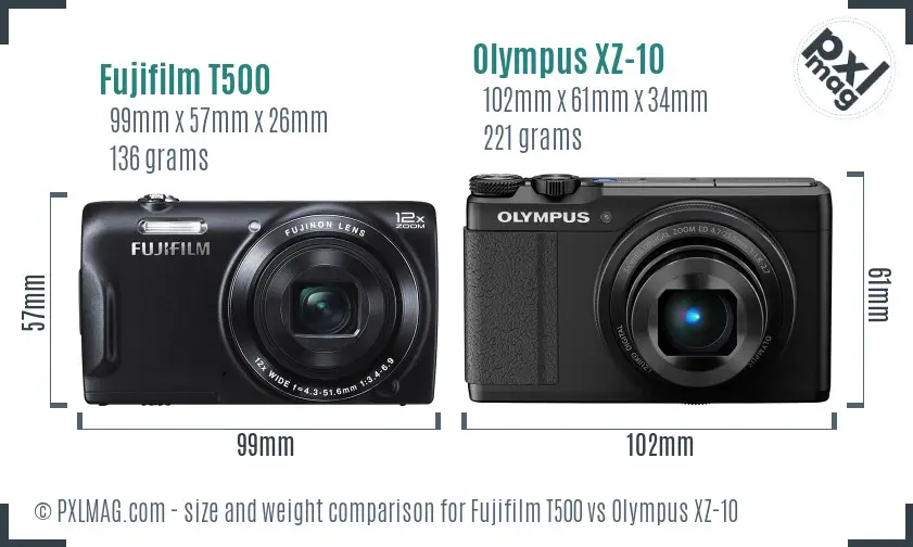 Fujifilm T500 vs Olympus XZ-10 size comparison