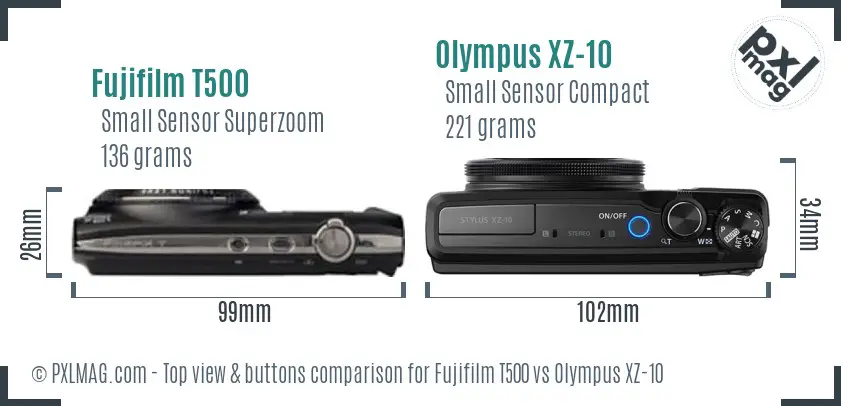 Fujifilm T500 vs Olympus XZ-10 top view buttons comparison