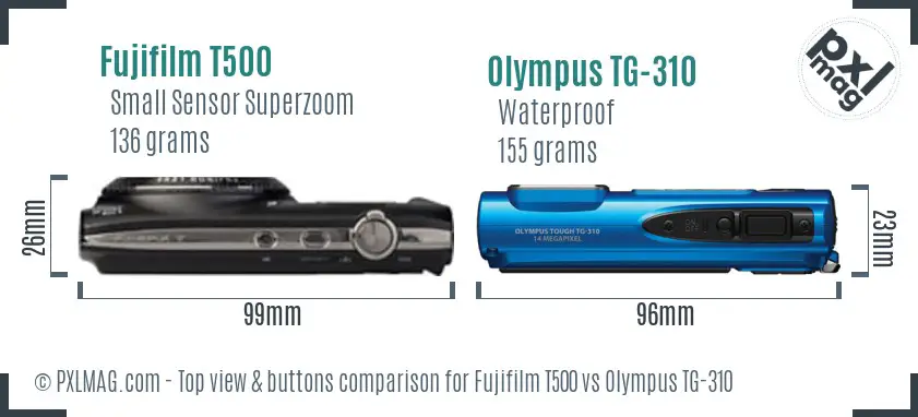Fujifilm T500 vs Olympus TG-310 top view buttons comparison Fujifilm T500 vs Olympus TG-310 top view buttons comparison