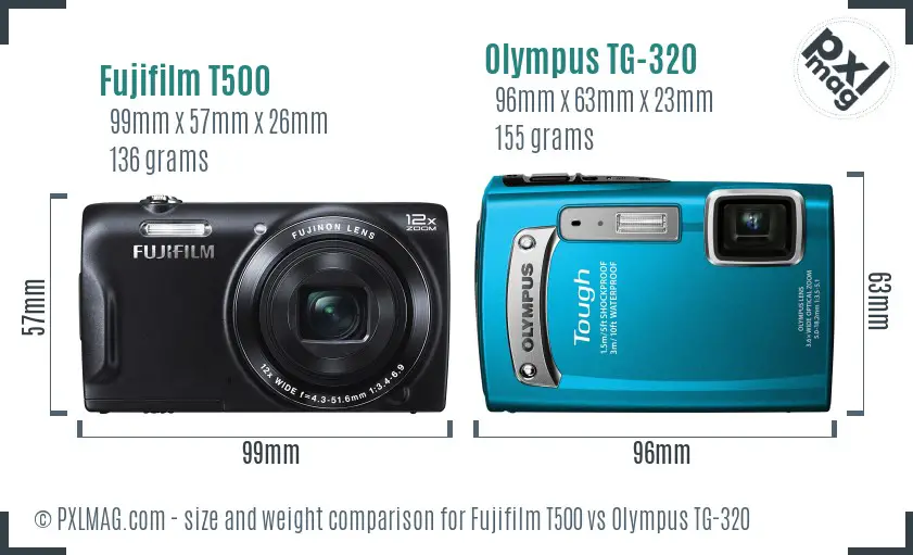 Fujifilm T500 vs Olympus TG-320 size comparison