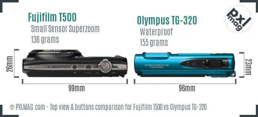 Fujifilm T500 vs Olympus TG-320 top view buttons comparison