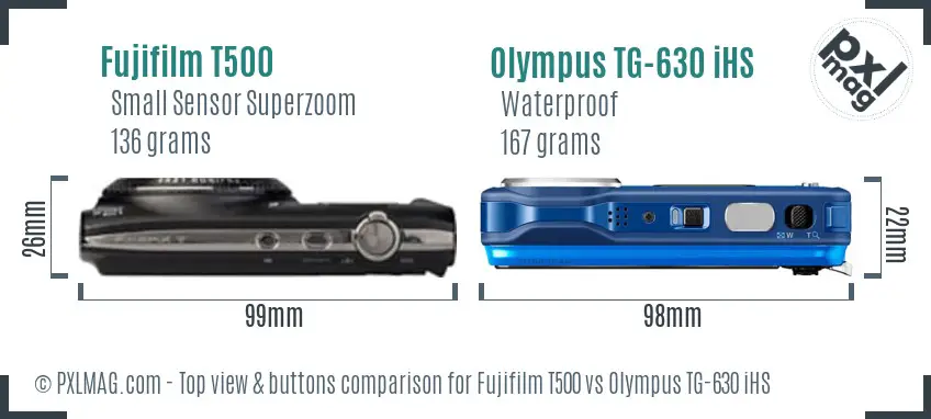 Fujifilm T500 vs Olympus TG-630 iHS top view buttons comparison Fujifilm T500 vs Olympus TG-630 iHS top view buttons comparison