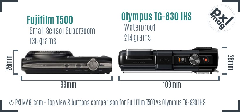 Fujifilm T500 vs Olympus TG-830 iHS top view buttons comparison