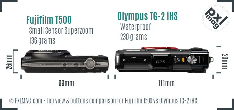 Fujifilm T500 vs Olympus TG-2 iHS top view buttons comparison