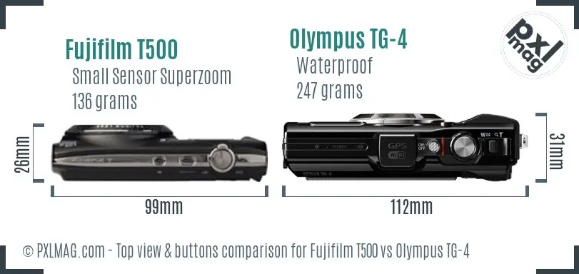 Fujifilm T500 vs Olympus TG-4 top view buttons comparison