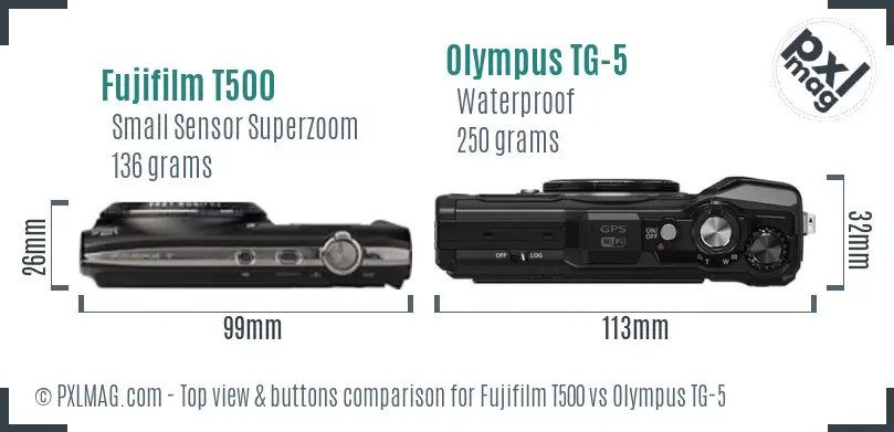 Fujifilm T500 vs Olympus TG-5 top view buttons comparison