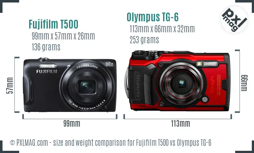 Fujifilm T500 vs Olympus TG-6 size comparison