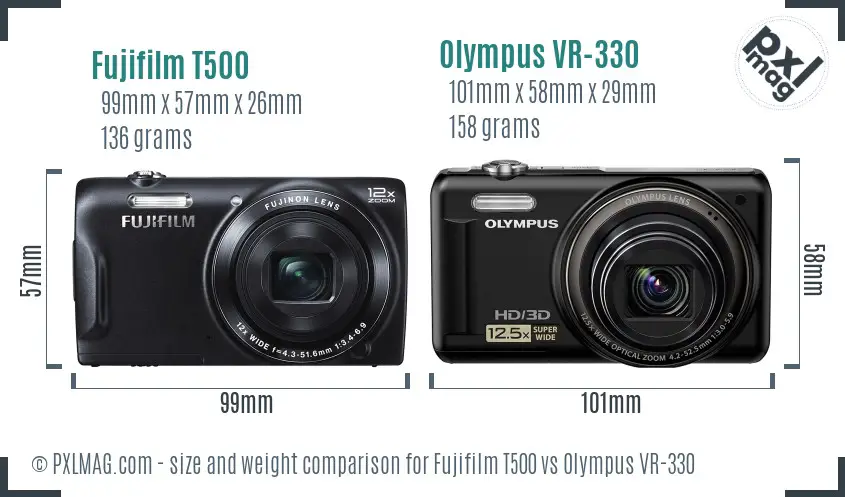 Fujifilm T500 vs Olympus VR-330 size comparison