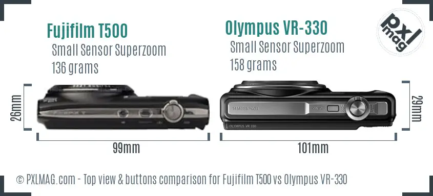 Fujifilm T500 vs Olympus VR-330 top view buttons comparison