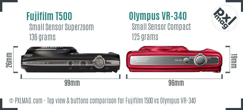 Fujifilm T500 vs Olympus VR-340 top view buttons comparison Fujifilm T500 vs Olympus VR-340 top view buttons comparison