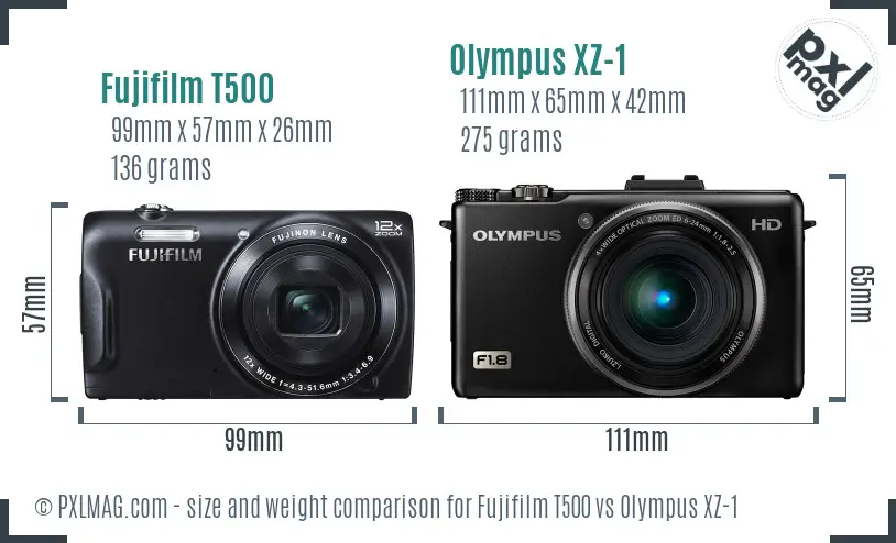 Fujifilm T500 vs Olympus XZ-1 size comparison