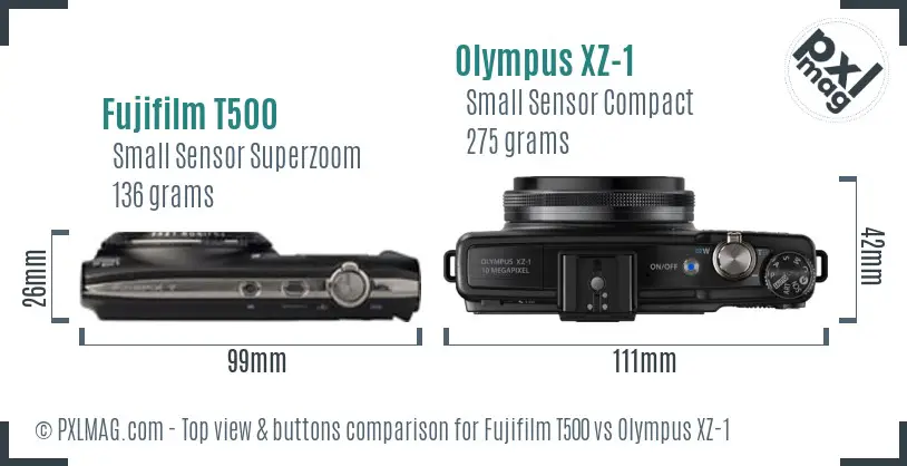 Fujifilm T500 vs Olympus XZ-1 top view buttons comparison