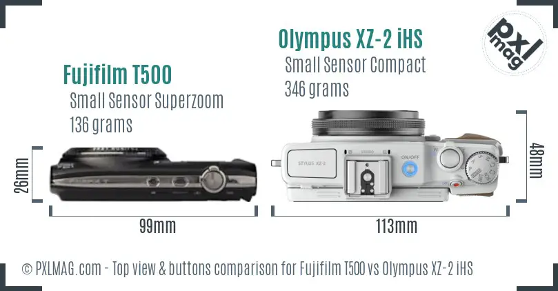 Fujifilm T500 vs Olympus XZ-2 iHS top view buttons comparison