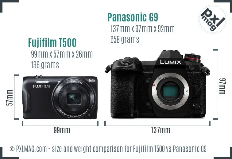 Fujifilm T500 vs Panasonic G9 size comparison