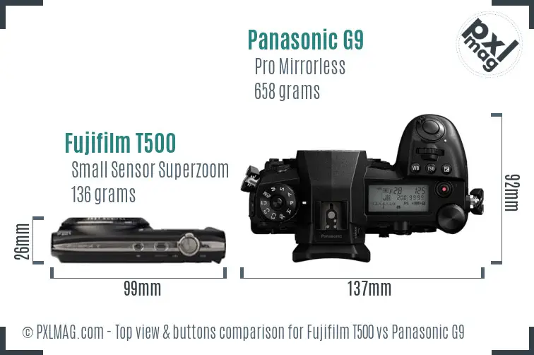 Fujifilm T500 vs Panasonic G9 top view buttons comparison