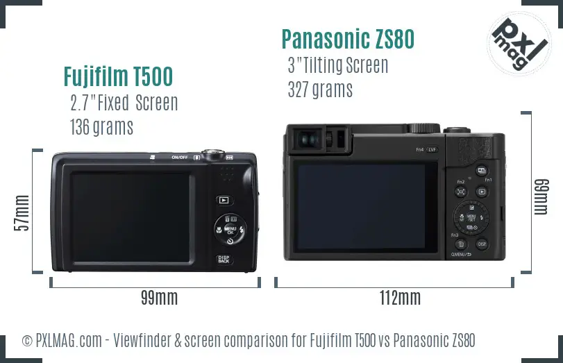 Fujifilm T500 vs Panasonic ZS80 Screen and Viewfinder comparison