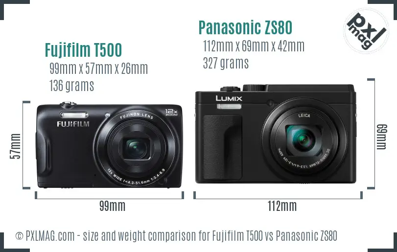 Fujifilm T500 vs Panasonic ZS80 size comparison