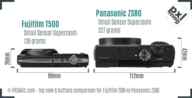 Fujifilm T500 vs Panasonic ZS80 top view buttons comparison