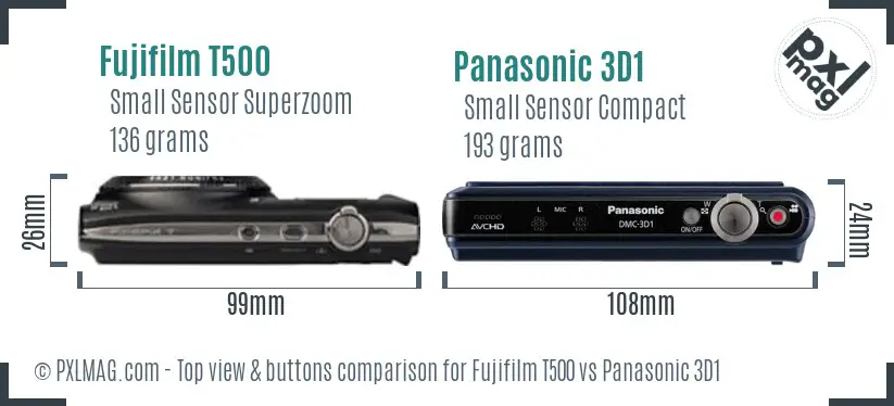 Fujifilm T500 vs Panasonic 3D1 top view buttons comparison