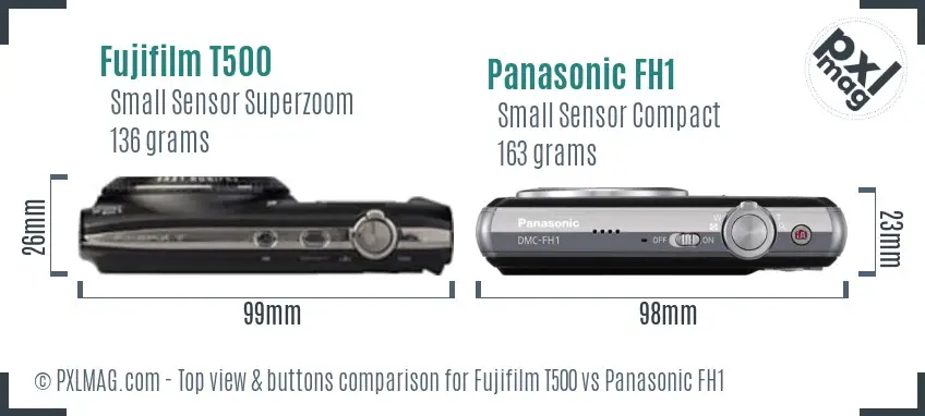 Fujifilm T500 vs Panasonic FH1 top view buttons comparison