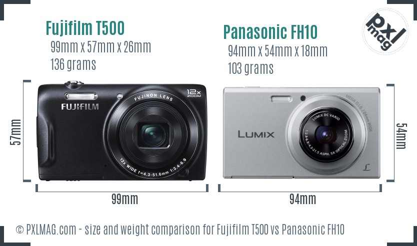 Fujifilm T500 vs Panasonic FH10 size comparison