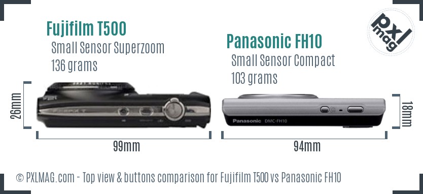 Fujifilm T500 vs Panasonic FH10 top view buttons comparison
