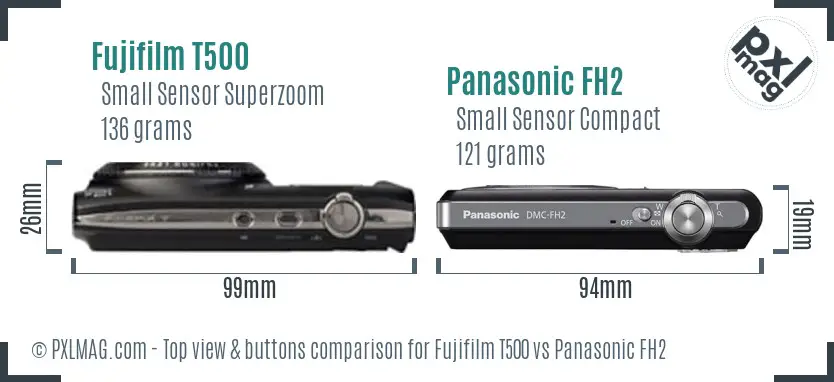 Fujifilm T500 vs Panasonic FH2 top view buttons comparison Fujifilm T500 vs Panasonic FH2 top view buttons comparison