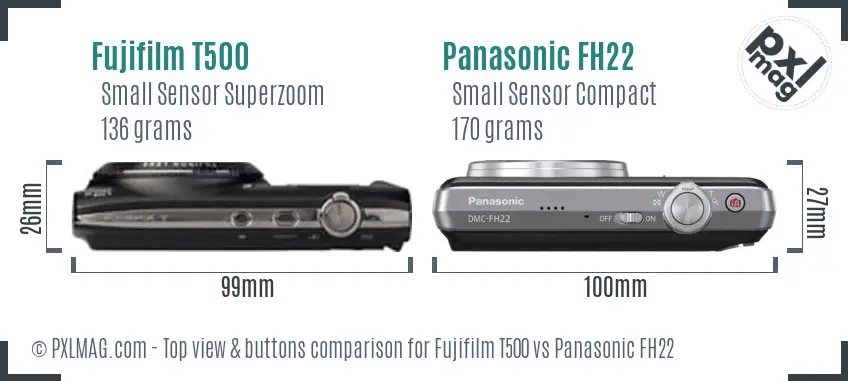 Fujifilm T500 vs Panasonic FH22 top view buttons comparison Fujifilm T500 vs Panasonic FH22 top view buttons comparison