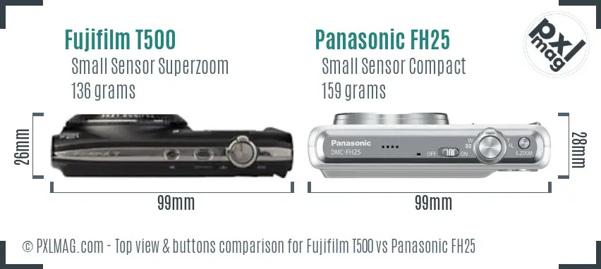 Fujifilm T500 vs Panasonic FH25 top view buttons comparison Fujifilm T500 vs Panasonic FH25 top view buttons comparison