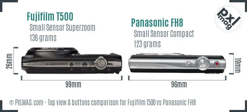 Fujifilm T500 vs Panasonic FH8 top view buttons comparison