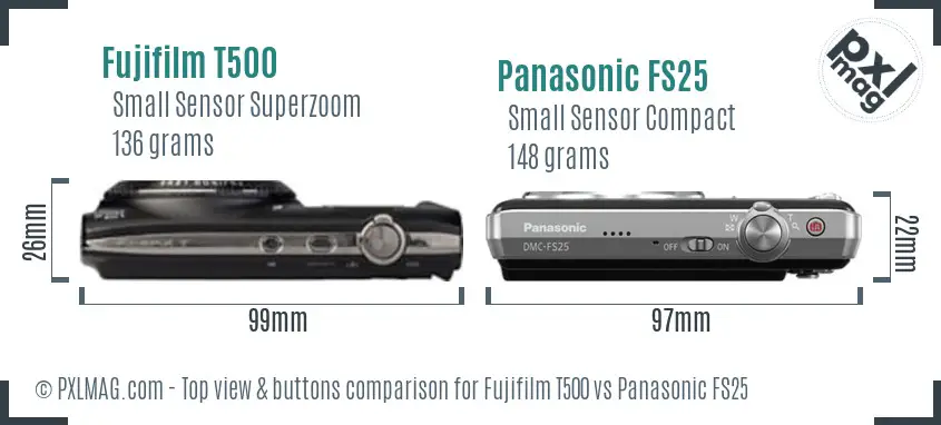 Fujifilm T500 vs Panasonic FS25 top view buttons comparison