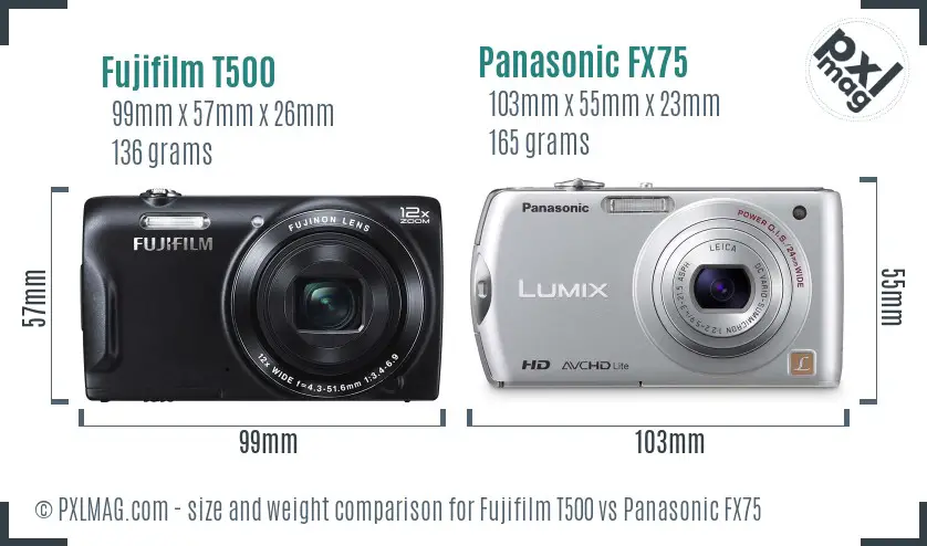 Fujifilm T500 vs Panasonic FX75 size comparison